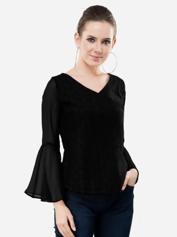 Black_Casual_Cotton_Net_V-Neck_Bell_Sleeves_Top