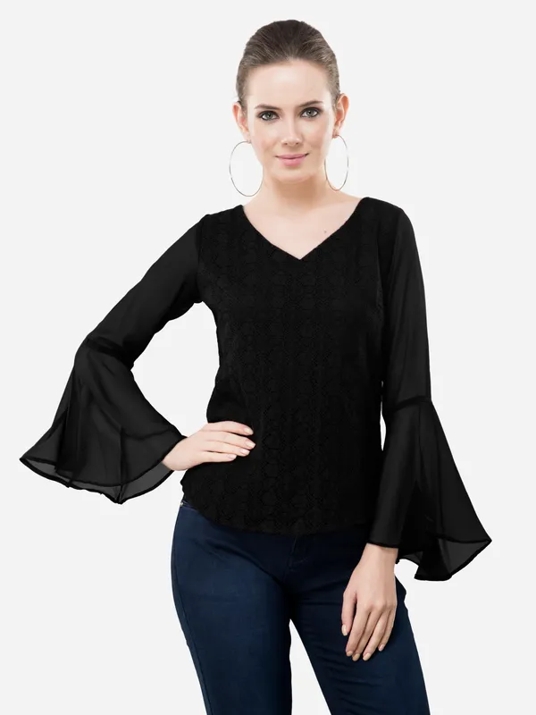 Black_Casual_Cotton_Net_V-Neck_Bell_Sleeves_Top