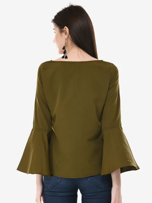 Olive_Green_Solid_Casual_Crepe_V-Neck_Bell_Sleeves_Top