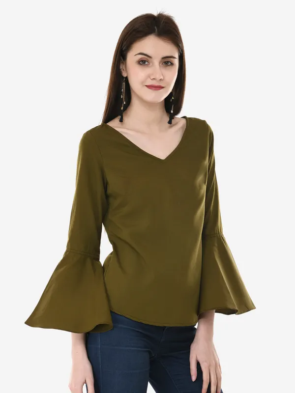 Olive_Green_Solid_Casual_Crepe_V-Neck_Bell_Sleeves_Top