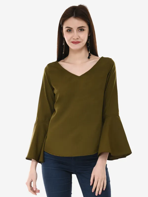 Olive_Green_Solid_Casual_Crepe_V-Neck_Bell_Sleeves_Top
