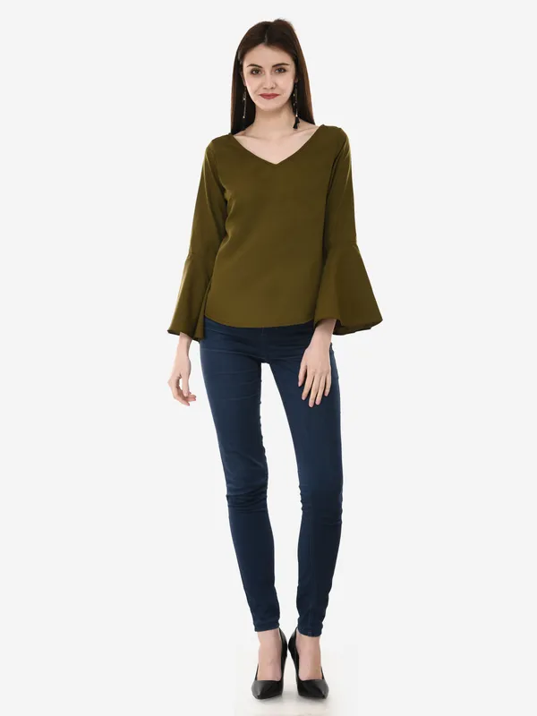 Olive_Green_Solid_Casual_Crepe_V-Neck_Bell_Sleeves_Top
