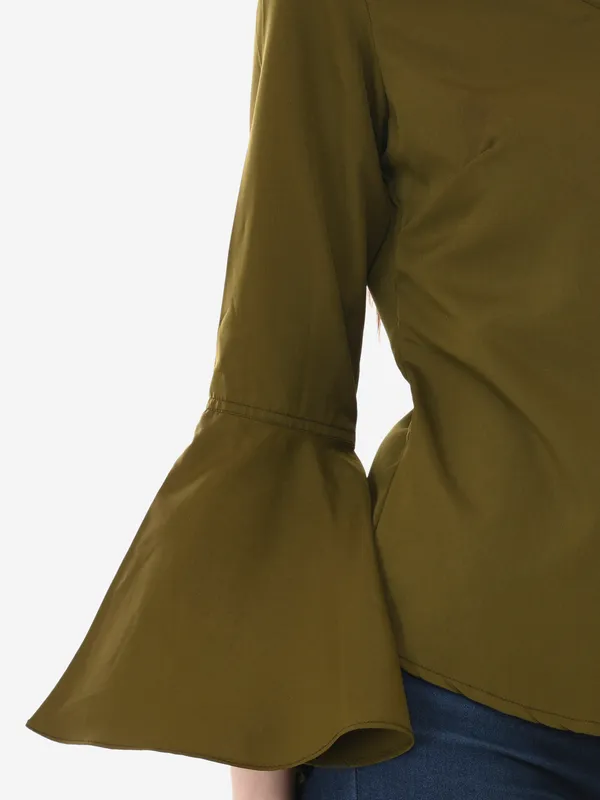 Olive_Green_Solid_Casual_Crepe_V-Neck_Bell_Sleeves_Top