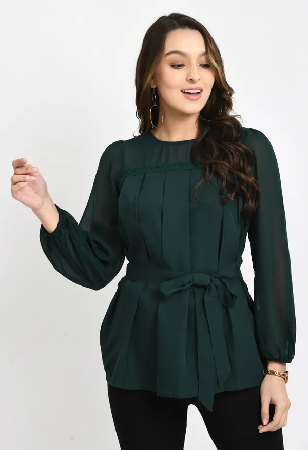 Green_Pleated_Waist_Tie-Ups_Crepe_Top