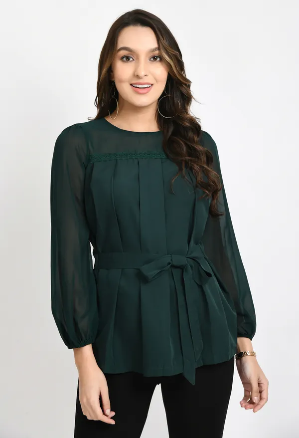 Green_Pleated_Waist_Tie-Ups_Crepe_Top