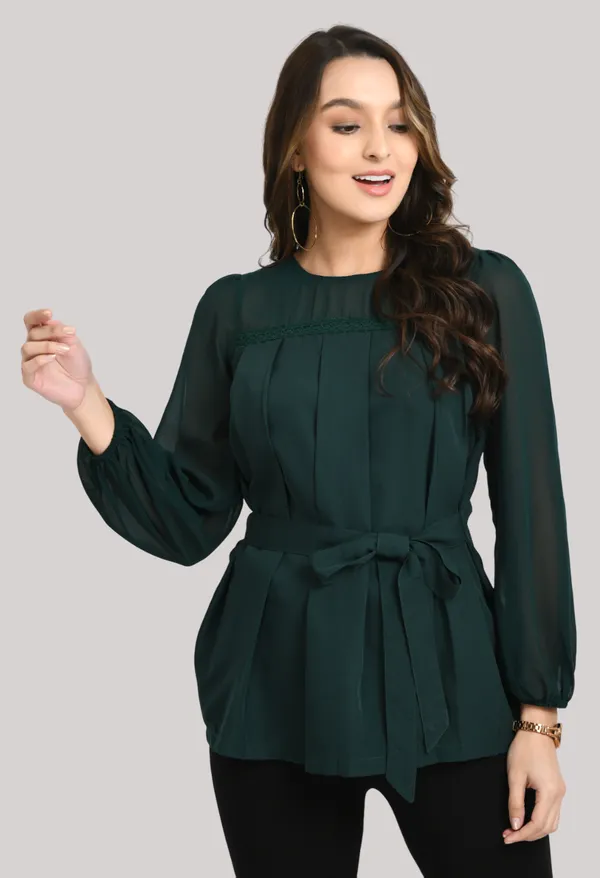 Green_Pleated_Waist_Tie-Ups_Crepe_Top