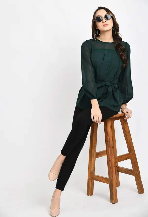 Green_Pleated_Waist_Tie-Ups_Crepe_Top