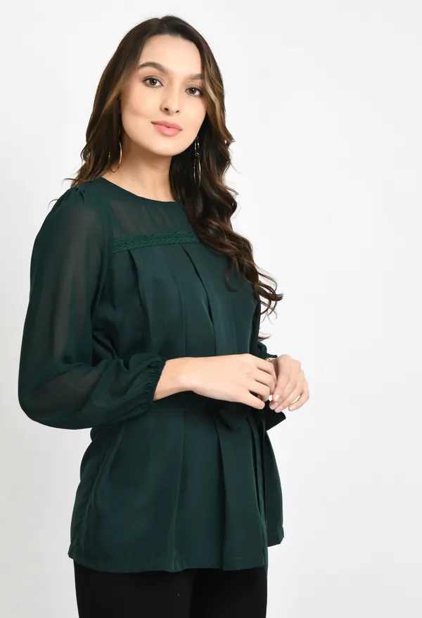 Green_Pleated_Waist_Tie-Ups_Crepe_Top