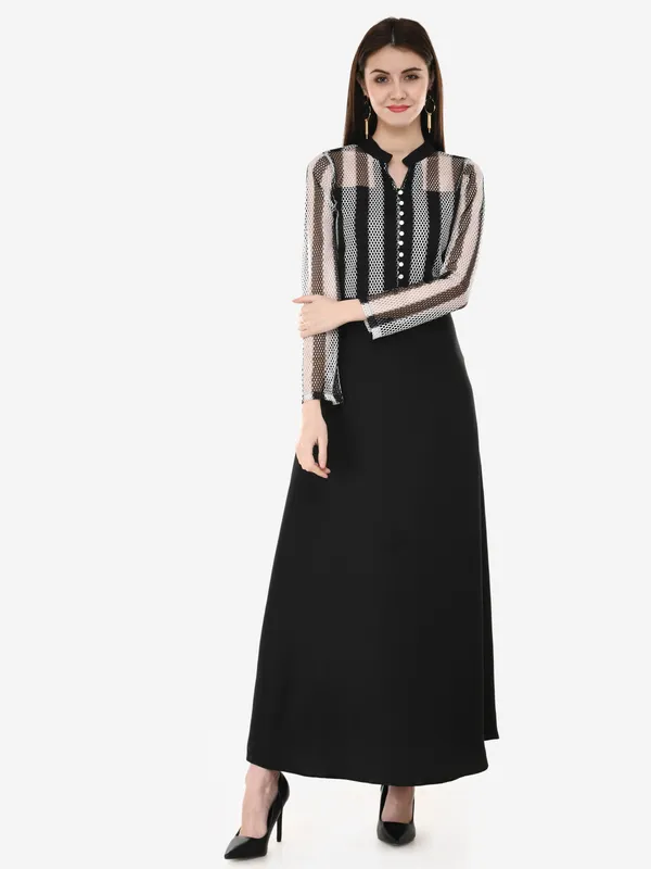 Black_&_White_Lace_Empire_Waist_Front_Button_Design_A-Line_Long_Indo_Western_Dress_For_Women