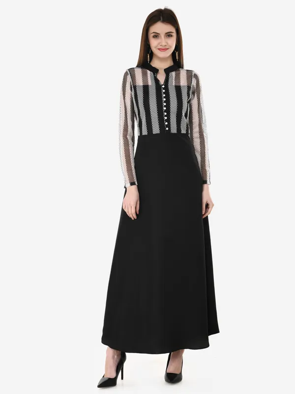Black_&_White_Lace_Empire_Waist_Front_Button_Design_A-Line_Long_Indo_Western_Dress_For_Women