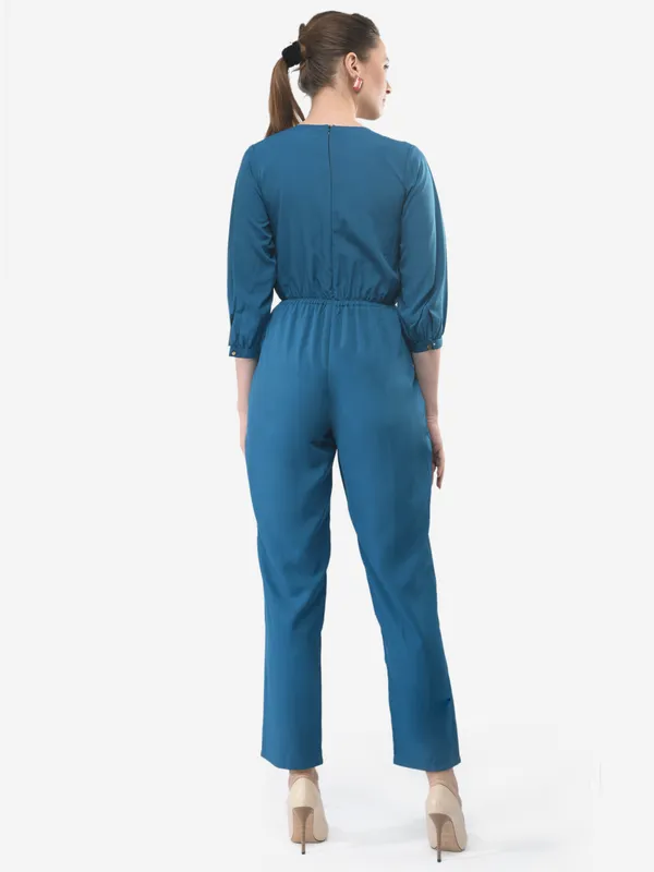 Teal_Blue_Wrap_Design_V-Neck_Formal_3/4_Sleeves_Jumpsuit_For_Women