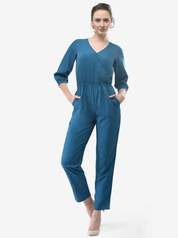 Teal_Blue_Wrap_Design_V-Neck_Formal_3/4_Sleeves_Jumpsuit_For_Women
