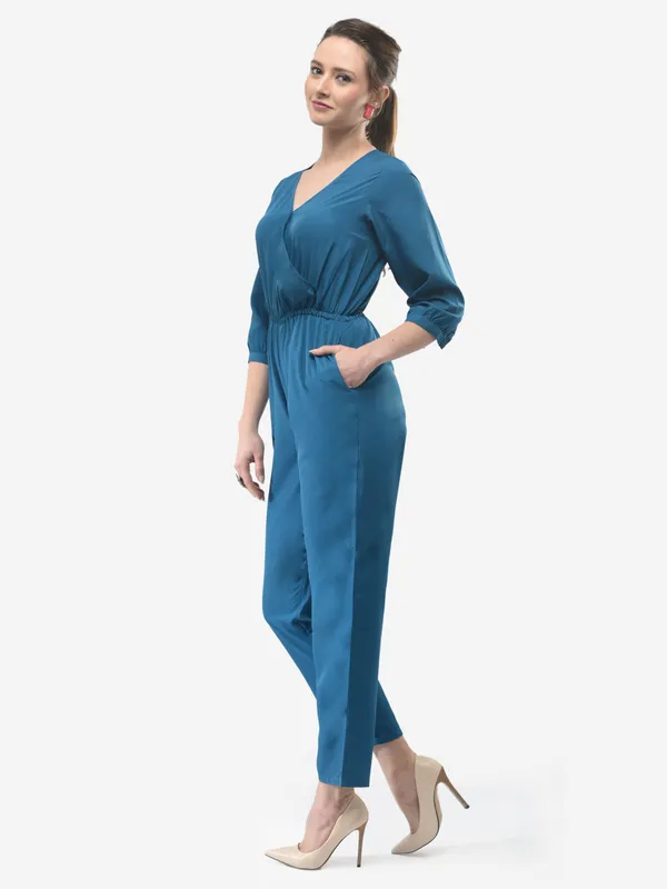 Teal_Blue_Wrap_Design_V-Neck_Formal_3/4_Sleeves_Jumpsuit_For_Women