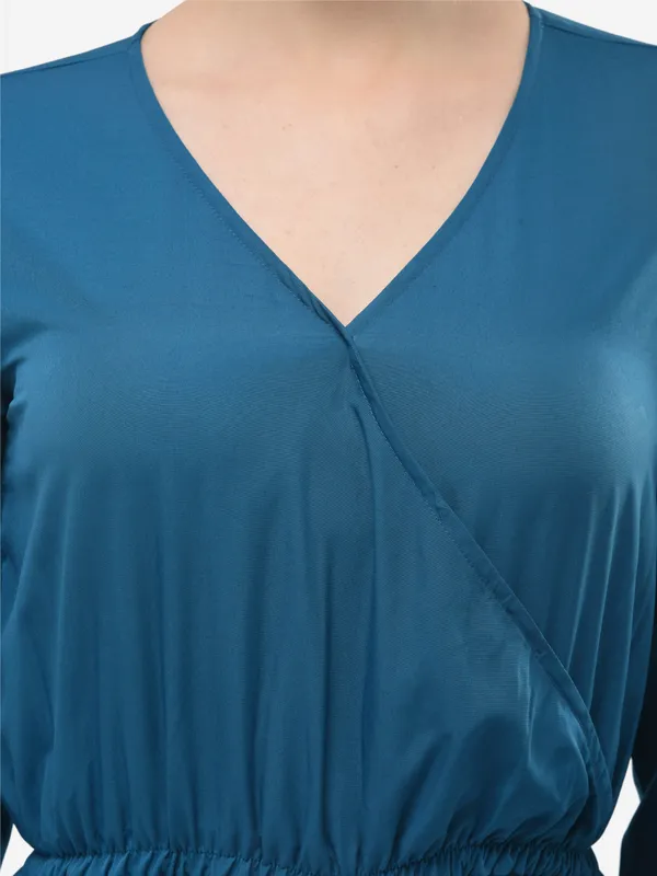 Teal_Blue_Wrap_Design_V-Neck_Formal_3/4_Sleeves_Jumpsuit_For_Women