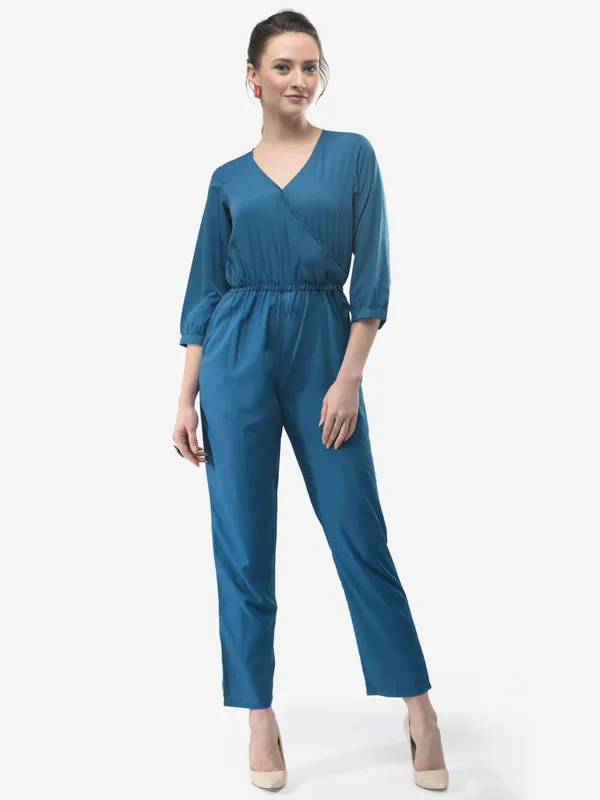 Teal_Blue_Wrap_Design_V-Neck_Formal_3/4_Sleeves_Jumpsuit_For_Women