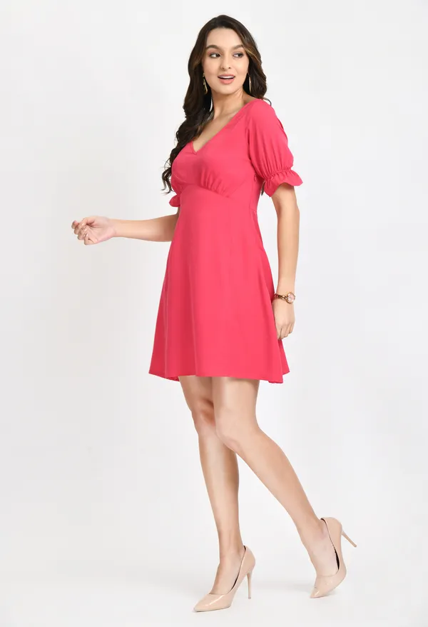Dark_Pink_Crepe_V-Neck_A-Line_Dress