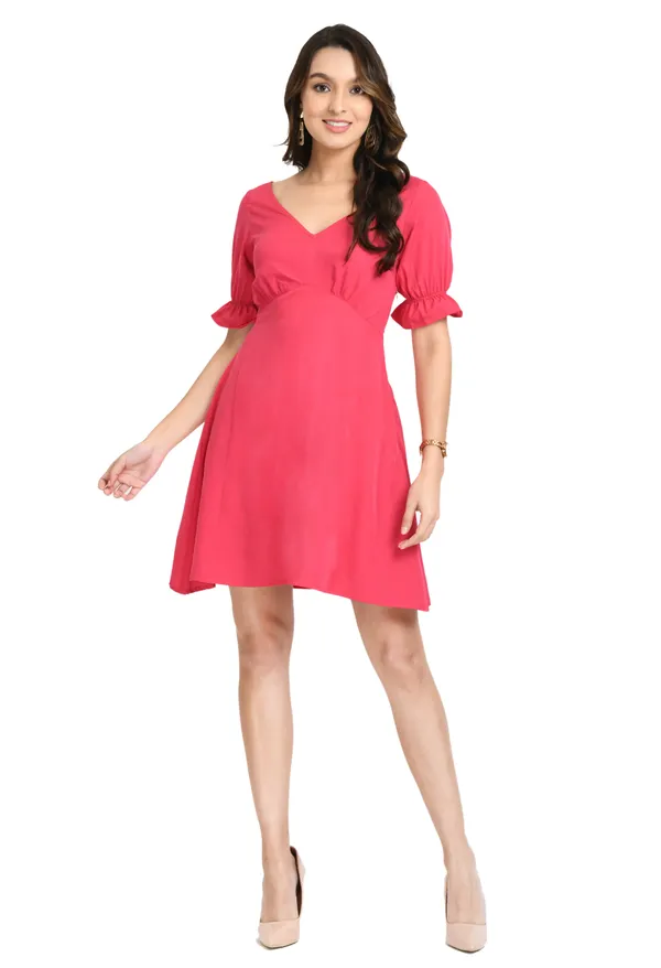 Dark_Pink_Crepe_V-Neck_A-Line_Dress