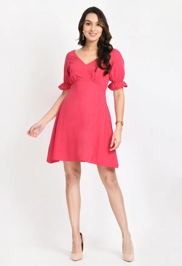 Dark_Pink_Crepe_V-Neck_A-Line_Dress
