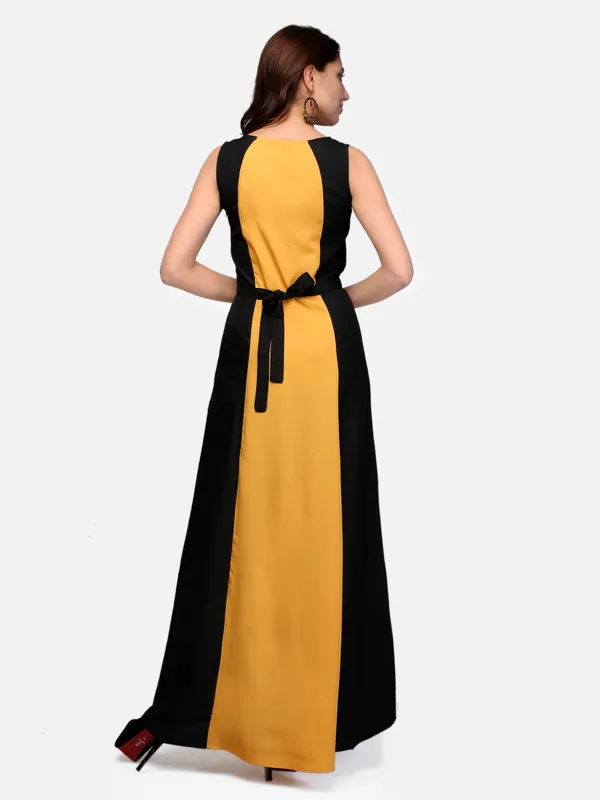 Mustard_&_Black_Blocked_Plain_Boat_Neck_Sleeveless_Maxi_Dress_For_Women