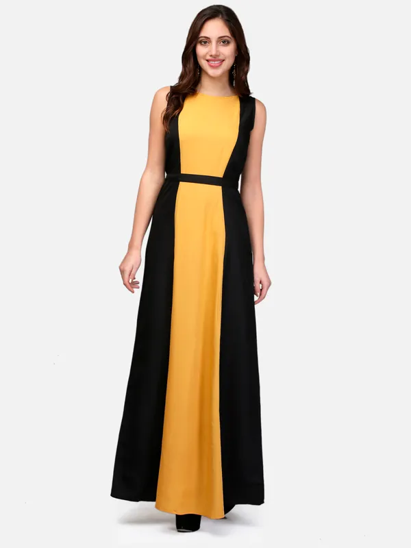 Mustard_&_Black_Blocked_Plain_Boat_Neck_Sleeveless_Maxi_Dress_For_Women