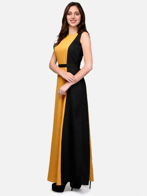 Mustard_&_Black_Blocked_Plain_Boat_Neck_Sleeveless_Maxi_Dress_For_Women