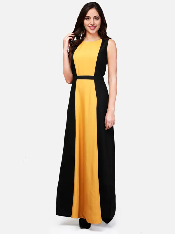 Mustard_&_Black_Blocked_Plain_Boat_Neck_Sleeveless_Maxi_Dress_For_Women