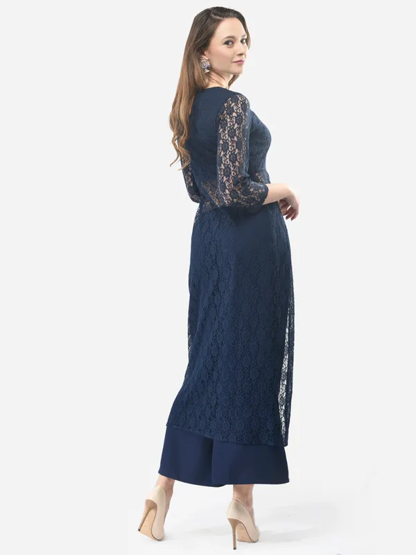 Dark_Blue_Designer_Lace_Kurta_Having_Front_Slit_Full_Sleeves_With_Palazzo_Fusion_Wear_Set_For_Women