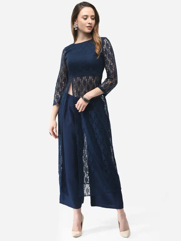 Dark_Blue_Designer_Lace_Kurta_Having_Front_Slit_Full_Sleeves_With_Palazzo_Fusion_Wear_Set_For_Women
