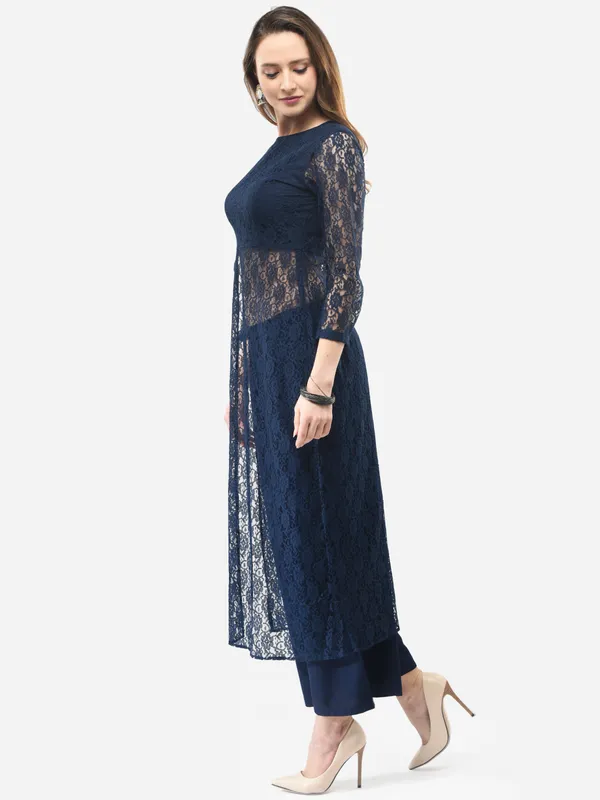 Dark_Blue_Designer_Lace_Kurta_Having_Front_Slit_Full_Sleeves_With_Palazzo_Fusion_Wear_Set_For_Women