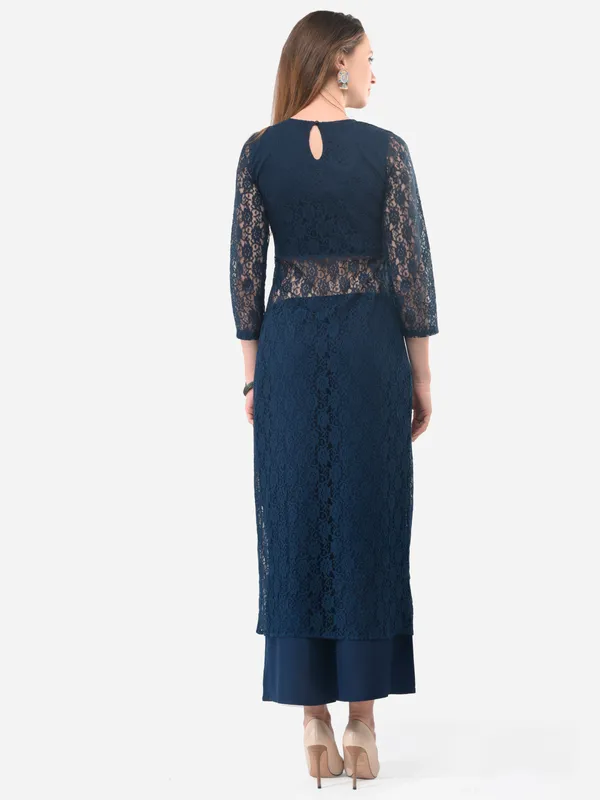 Dark_Blue_Designer_Lace_Kurta_Having_Front_Slit_Full_Sleeves_With_Palazzo_Fusion_Wear_Set_For_Women