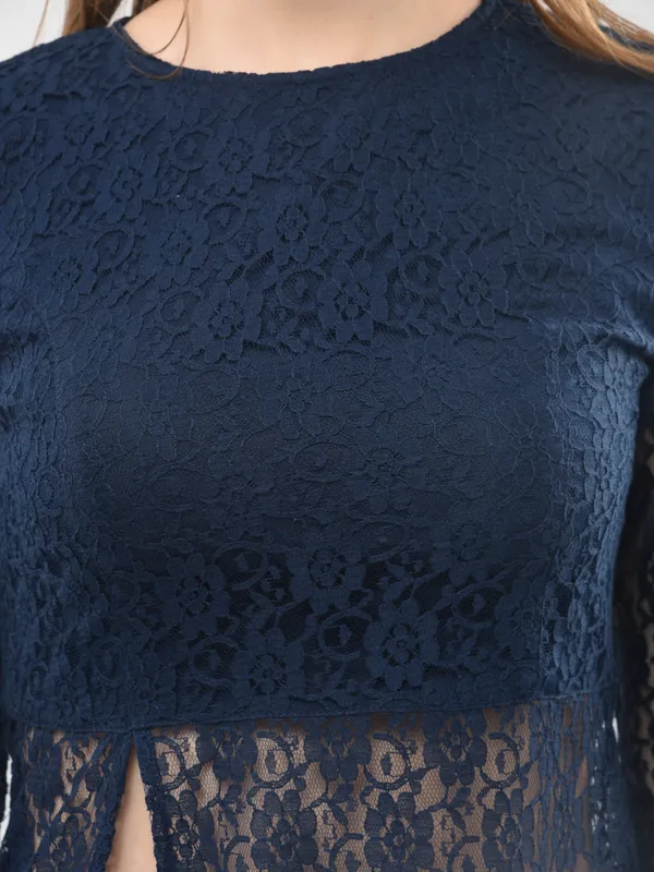 Dark_Blue_Designer_Lace_Kurta_Having_Front_Slit_Full_Sleeves_With_Palazzo_Fusion_Wear_Set_For_Women