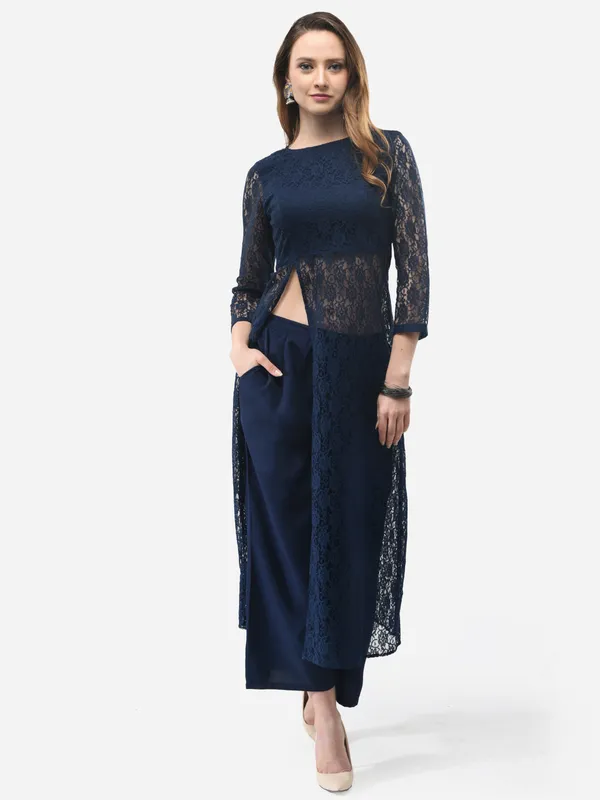 Dark_Blue_Designer_Lace_Kurta_Having_Front_Slit_Full_Sleeves_With_Palazzo_Fusion_Wear_Set_For_Women
