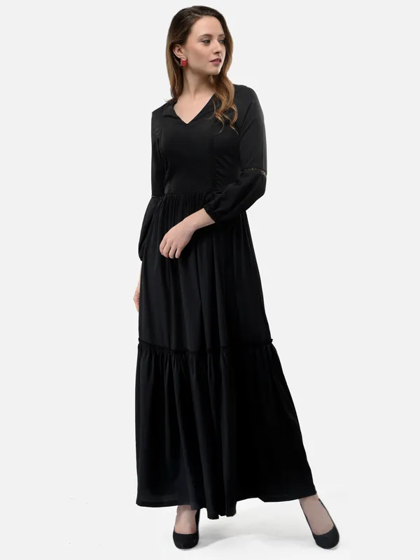Black_V-Neck_Bishop_Sleeves_Long_Maxi_Gown_For_Women