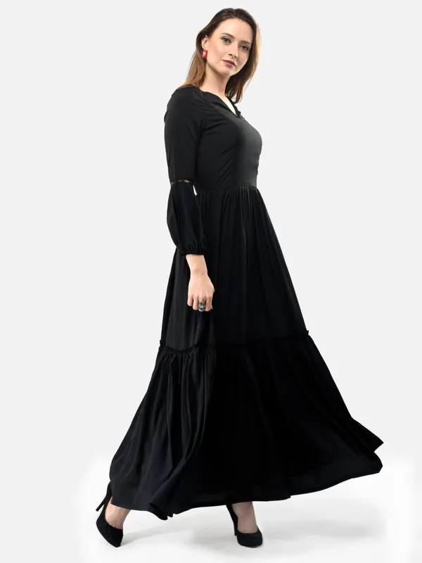 Black_V-Neck_Bishop_Sleeves_Long_Maxi_Gown_For_Women
