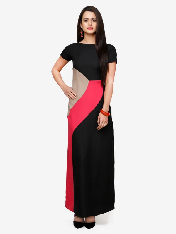 Black_Pink_Blocked_Half_Sleeves_Empire_Waist_Trendy_Maxi_Dress_For_Women