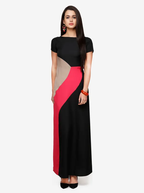 Black_Pink_Blocked_Half_Sleeves_Empire_Waist_Trendy_Maxi_Dress_For_Women