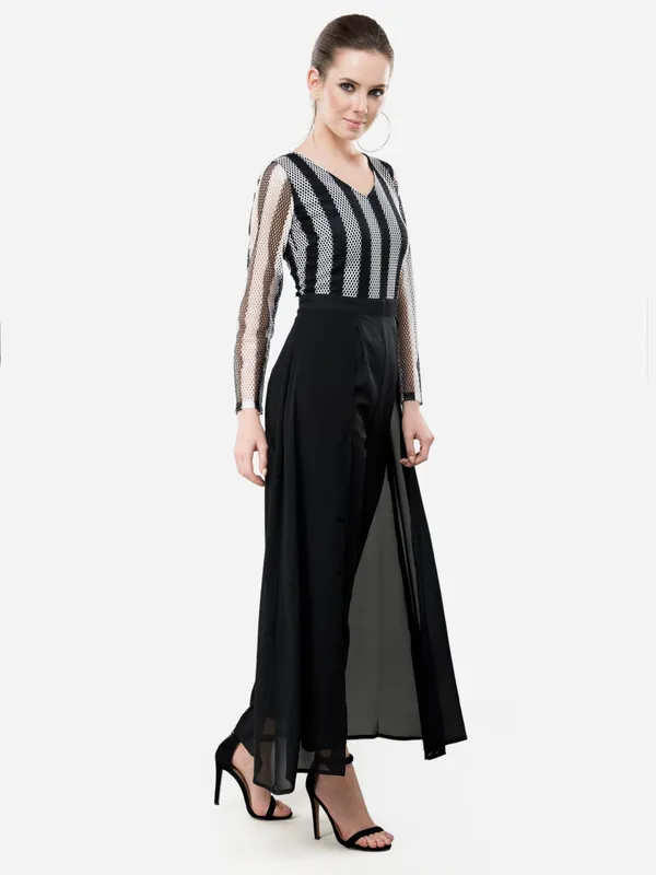 Black_And_White_Women'S_Latest_Designer_Fusion_Lace_Layered_Jumpsuit_Come_Maxi_Party_Wear_Dress
