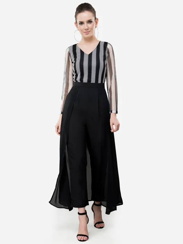 Black_And_White_Women'S_Latest_Designer_Fusion_Lace_Layered_Jumpsuit_Come_Maxi_Party_Wear_Dress
