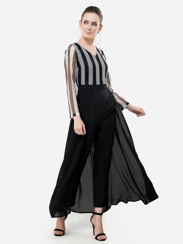 Black_And_White_Women'S_Latest_Designer_Fusion_Lace_Layered_Jumpsuit_Come_Maxi_Party_Wear_Dress