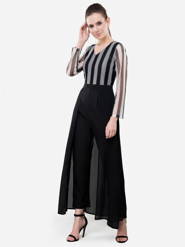 Black_And_White_Women'S_Latest_Designer_Fusion_Lace_Layered_Jumpsuit_Come_Maxi_Party_Wear_Dress