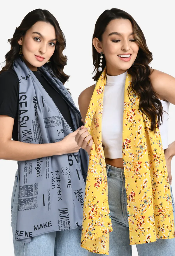 V&M_Women_Yellow_Grey_Printed_Scarf_Combo