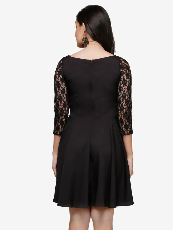 Black_&_Beige_Floral_Lace_3/4_Sleeves_Fit_&_Flare_Dress