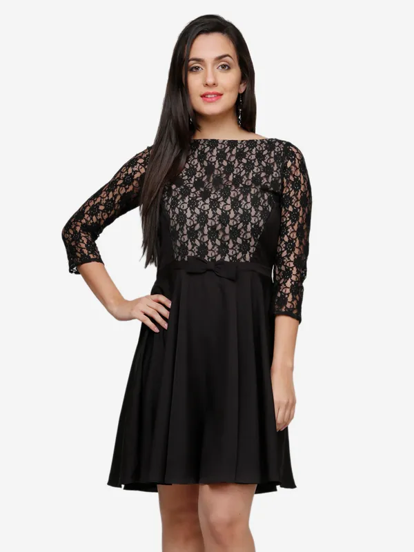 Black_&_Beige_Floral_Lace_3/4_Sleeves_Fit_&_Flare_Dress