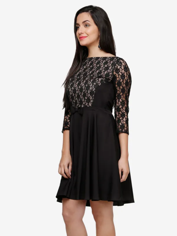 Black_&_Beige_Floral_Lace_3/4_Sleeves_Fit_&_Flare_Dress
