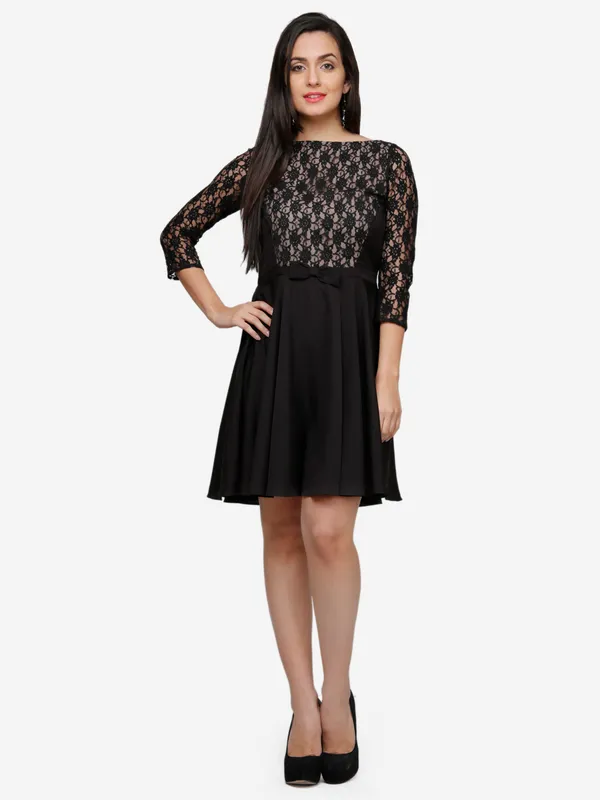 Black_&_Beige_Floral_Lace_3/4_Sleeves_Fit_&_Flare_Dress