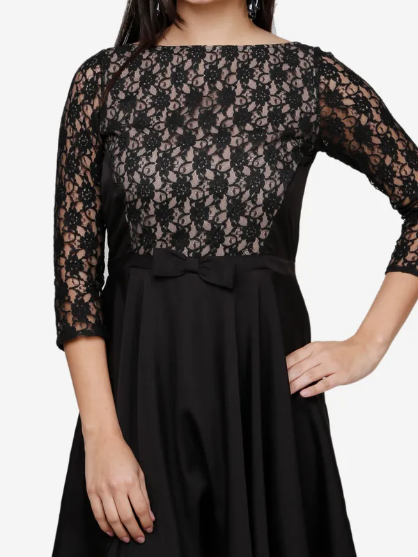 Black_&_Beige_Floral_Lace_3/4_Sleeves_Fit_&_Flare_Dress