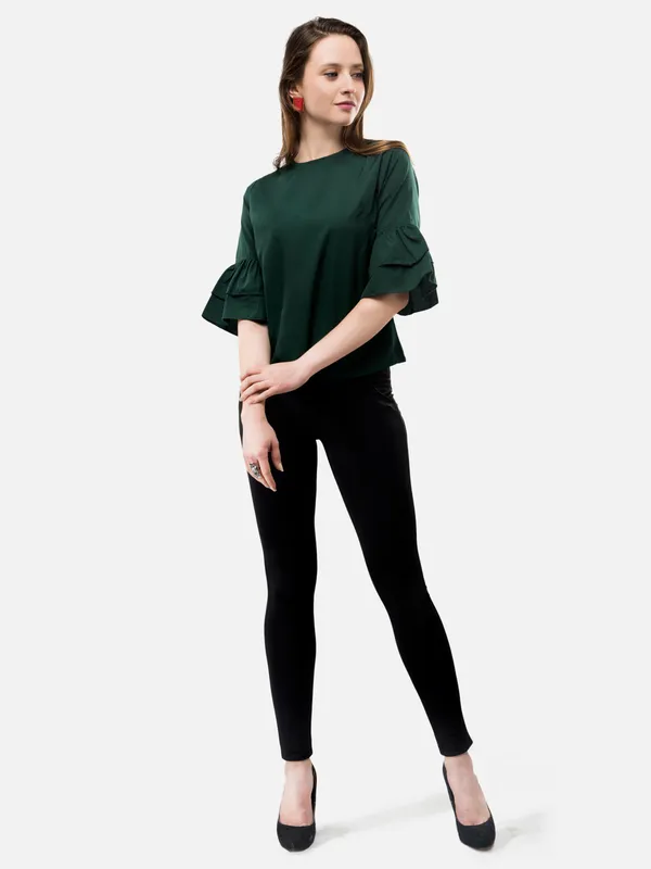 Dark_Green_3/4_Frill_Sleeves_Regular_Fit_Top_For_Women