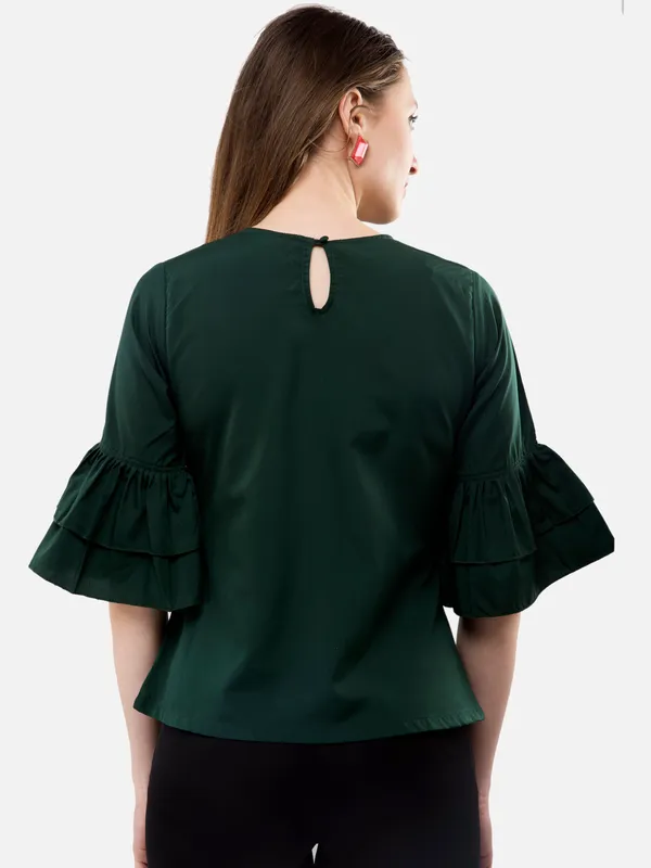 Dark_Green_3/4_Frill_Sleeves_Regular_Fit_Top_For_Women