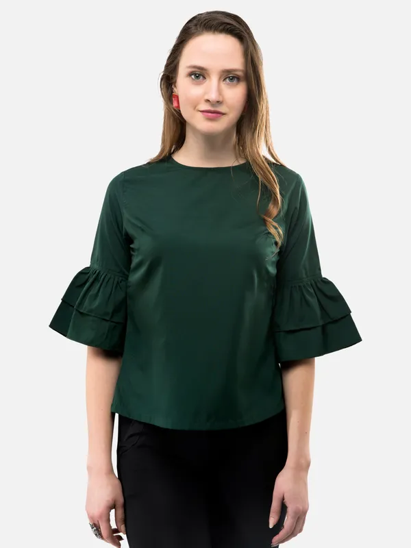 Dark_Green_3/4_Frill_Sleeves_Regular_Fit_Top_For_Women