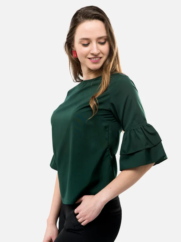 Dark_Green_3/4_Frill_Sleeves_Regular_Fit_Top_For_Women